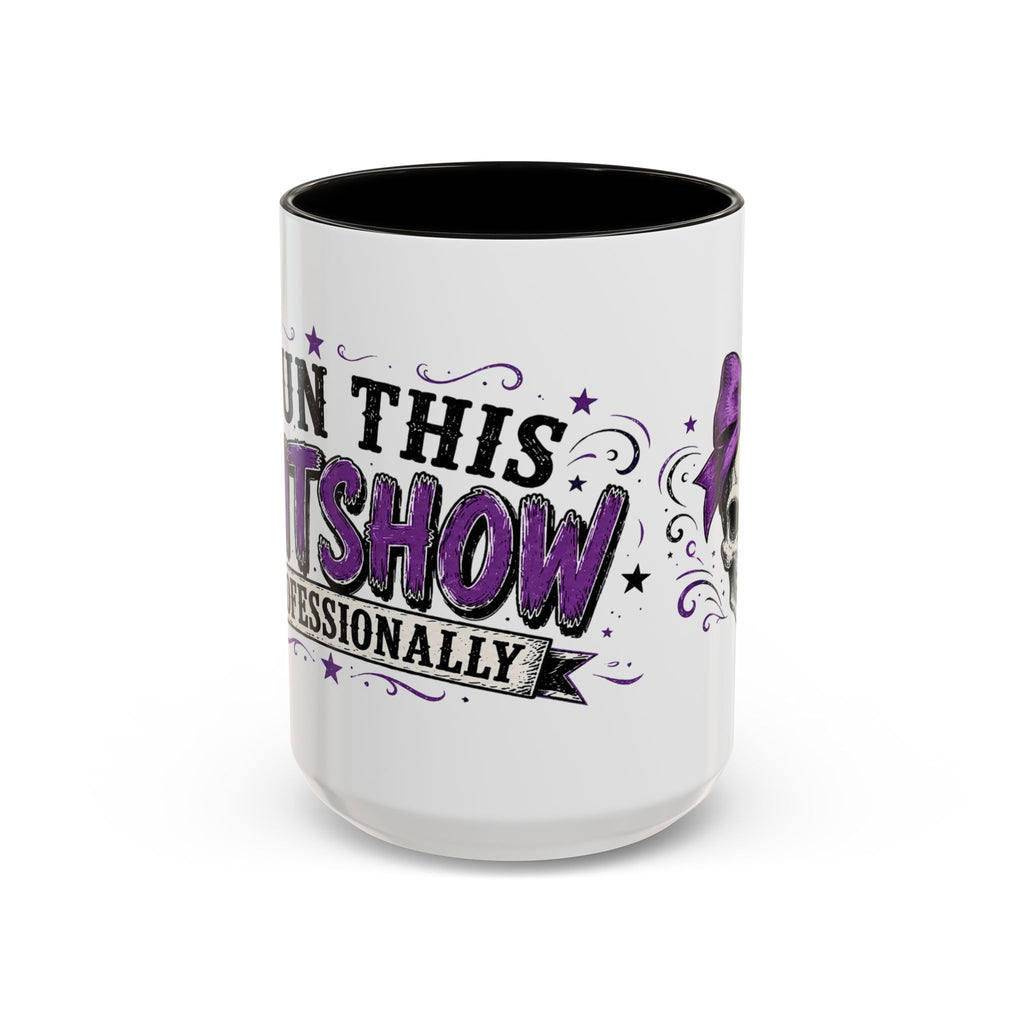 Cancer Awareness Skull Coffee Mug — 'I Run This Sh*tshow' Inspirational Ribbon Design (11oz, 15oz)