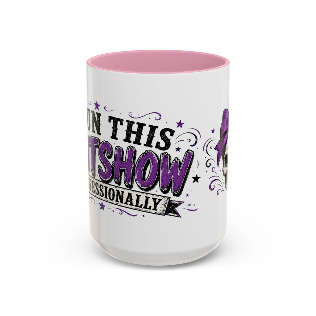Cancer Awareness Skull Coffee Mug — 'I Run This Sh*tshow' Inspirational Ribbon Design (11oz, 15oz)