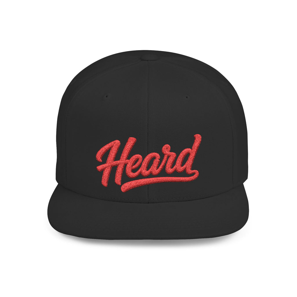 Heard Embroidered Snapback Hat — Flat Bill White Cap with Red Script