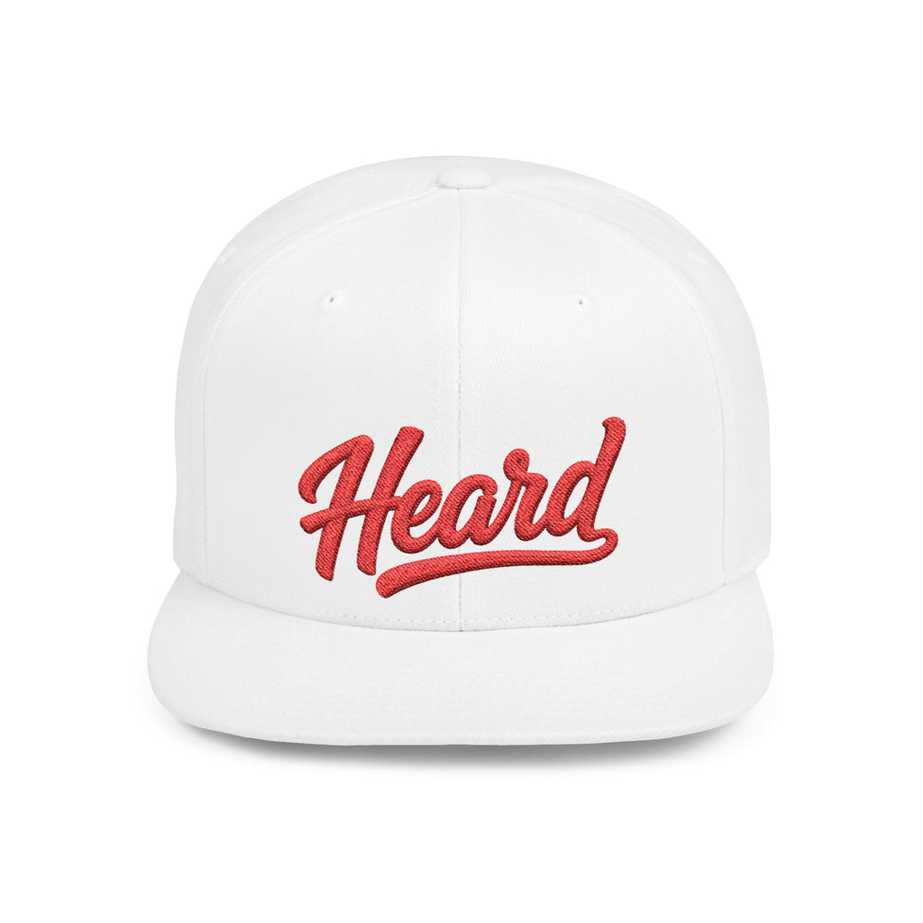 Heard Embroidered Snapback Hat — Flat Bill White Cap with Red Script