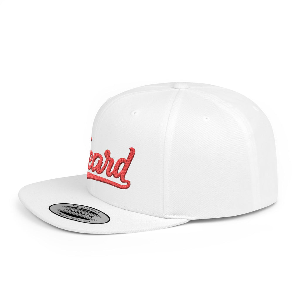 Heard Embroidered Snapback Hat — Flat Bill White Cap with Red Script