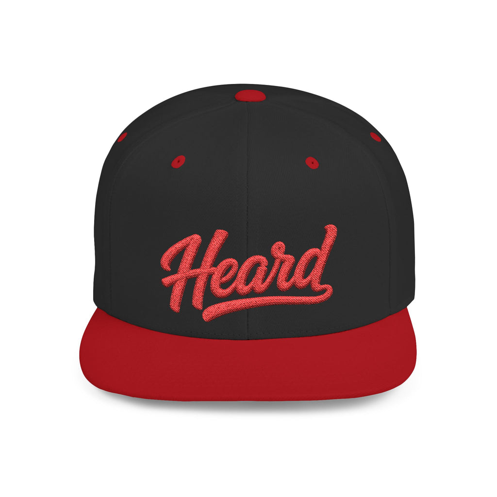 Heard Embroidered Snapback Hat — Flat Bill White Cap with Red Script